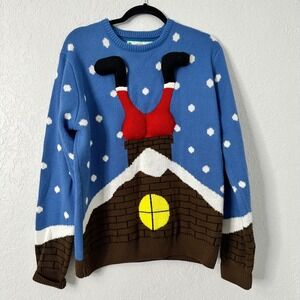 Vintage Cedar Wood State Christmas Sweater Santa Chimney Holiday Blue L